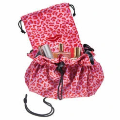 Donna May London Signature Lay-Flat Drawstring Makeup Bag - Red Leopard